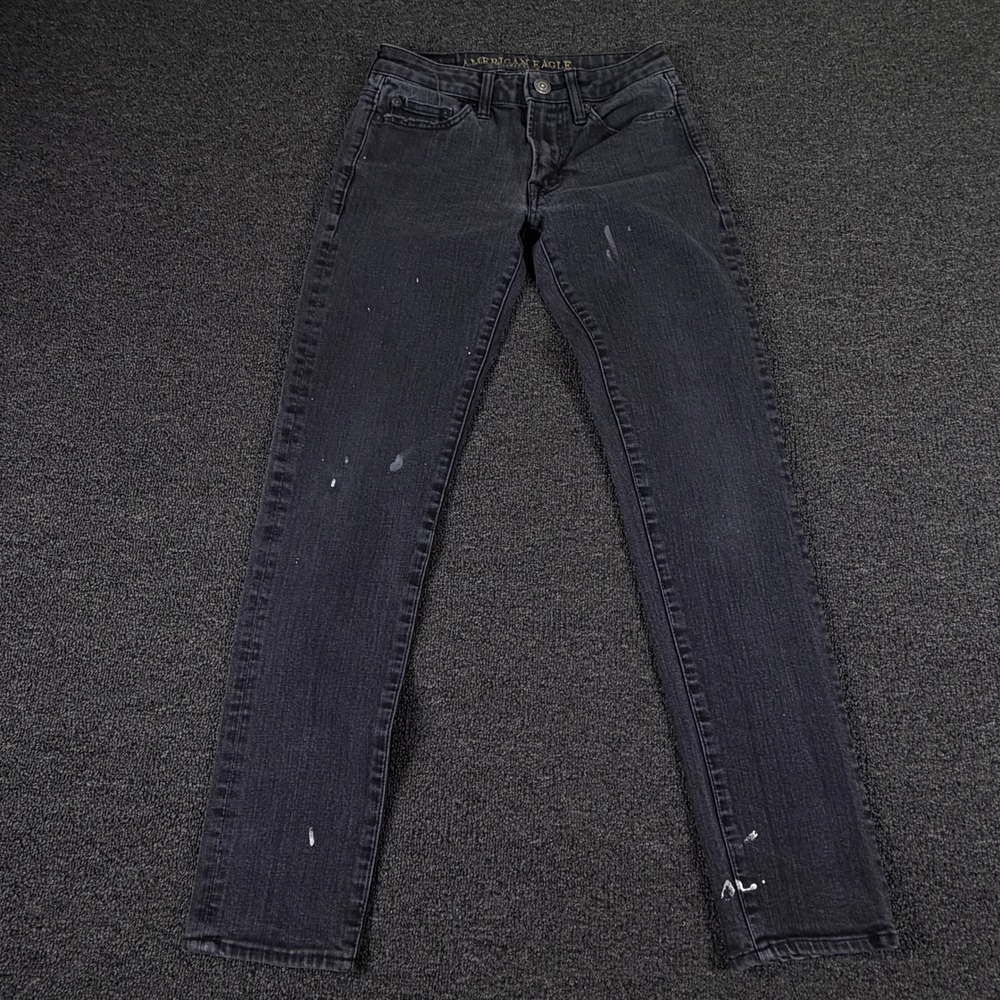 American Eagle Jeans Mens 26x30 Slim Extreme Flex 4 Black Paint Splatter EUC
